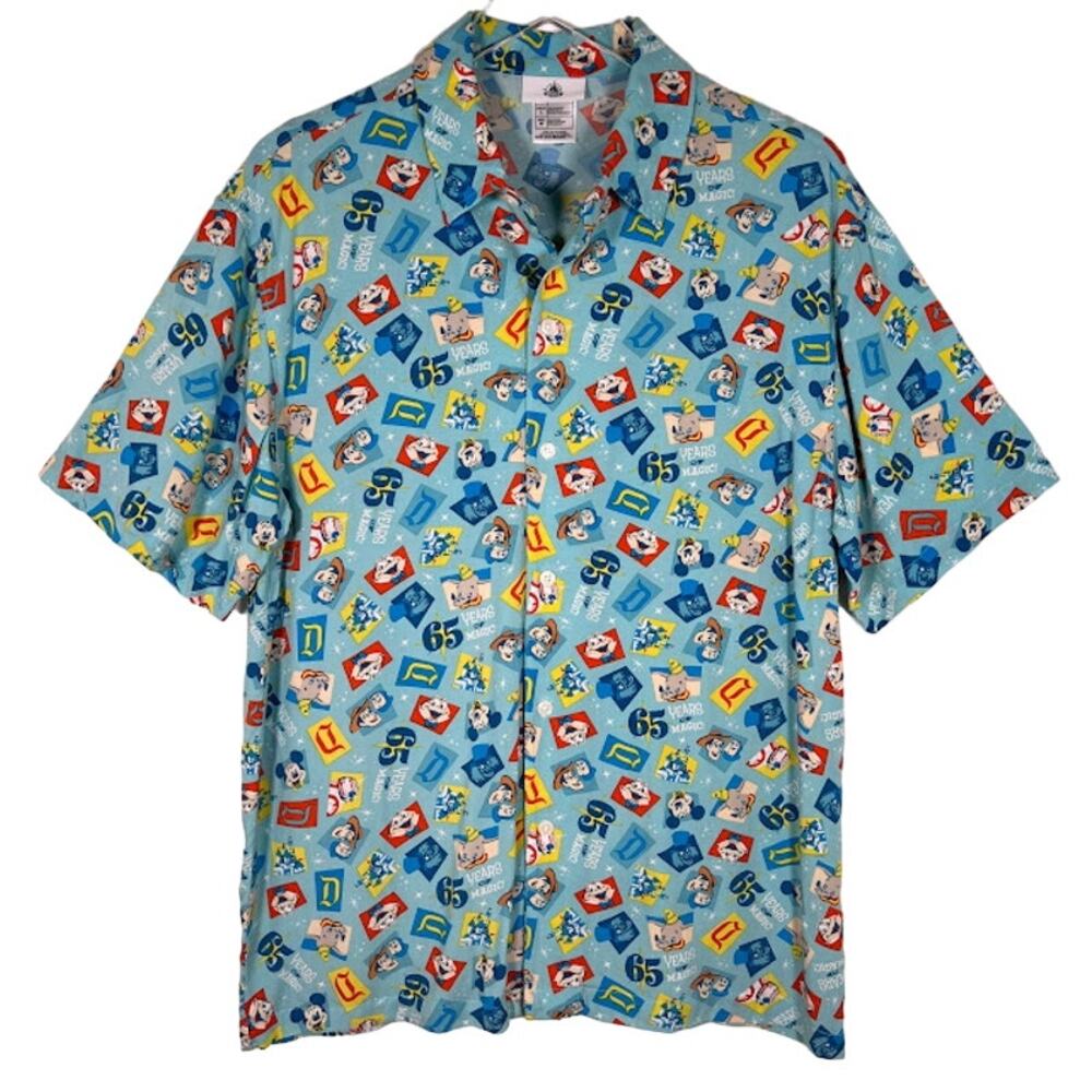 Disney Adults 65th Year Anniversary Blue Button Up Aloha Shirt M Disneyland